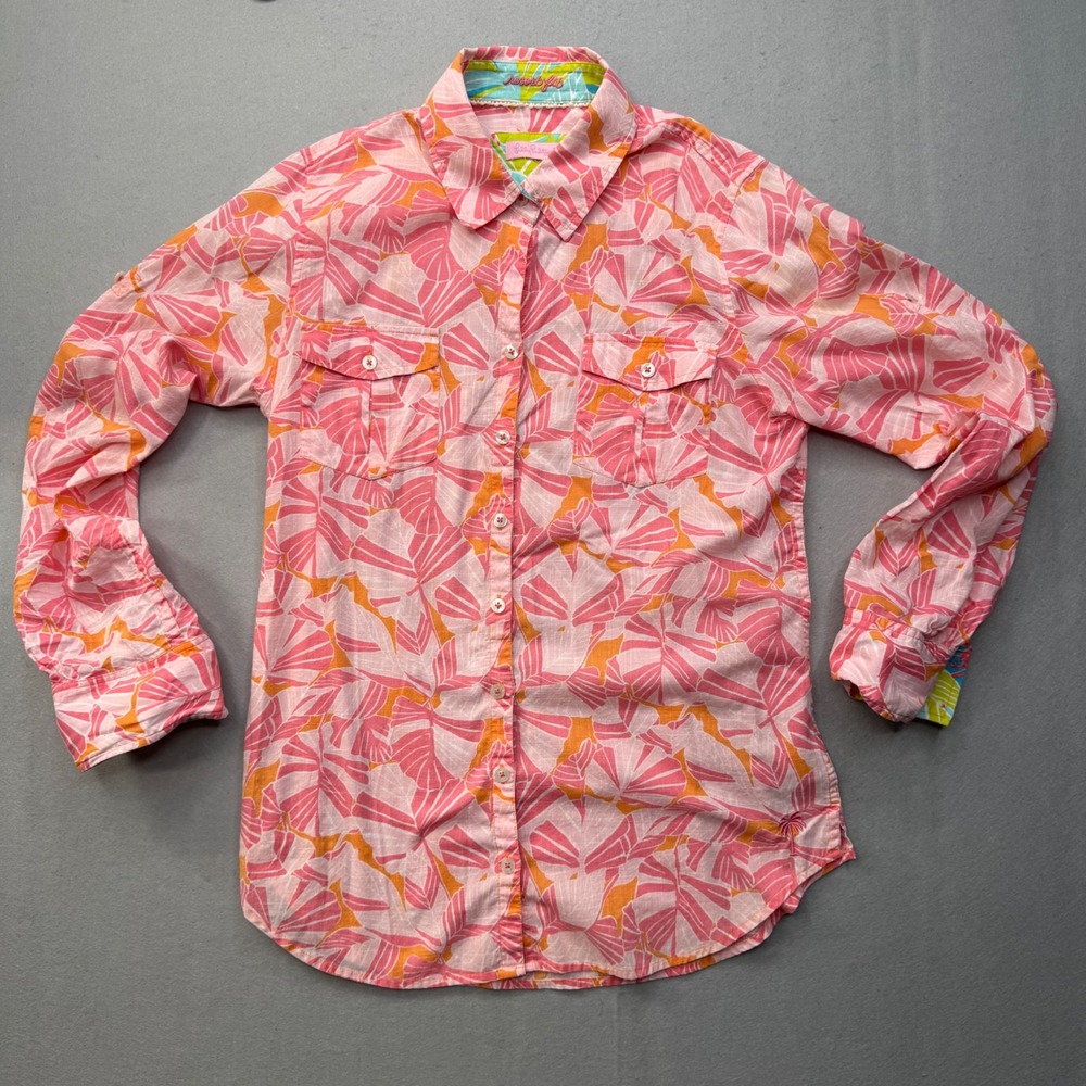 Lilly Pulitzer Resort Fit Button Down Shirt Pink Orange Palm Print Cotton 74849